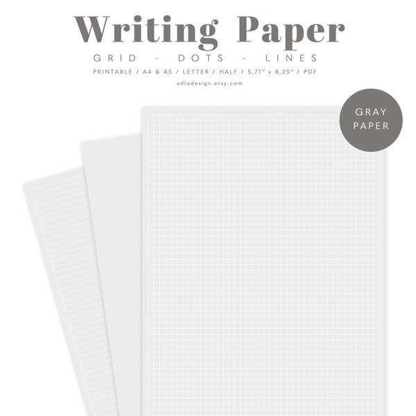 Writing Paper Set Printable, Gray Paper on White Dots Grid & Lines Paper, Study Notes, Notes Taking, Digital Notebook,PDF