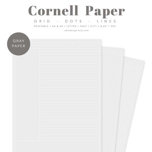 Cornell Papier Set zum Ausdrucken, graues Papier auf weißen Punkten Linien & Gitter, Lernnotizen, digitales Notizbuch, Cornell Notizmethode, PDF