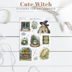 Cute Witch Sticker Set for Journals and Planners, Magical Witchy, Witchcraft, Printable and Digital, A5, PDF & PNG,