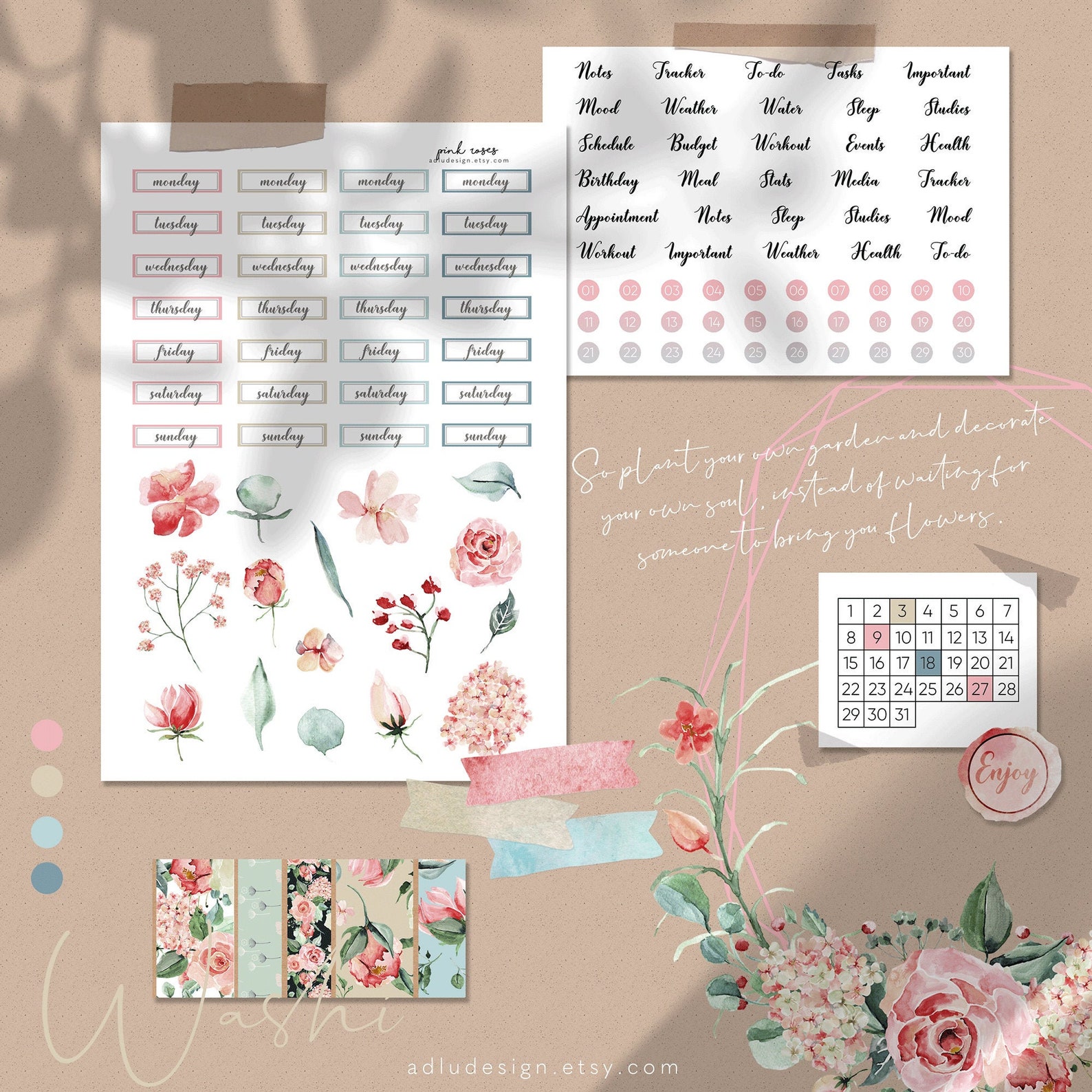 pink roses monthly stickers kit printable for bullet