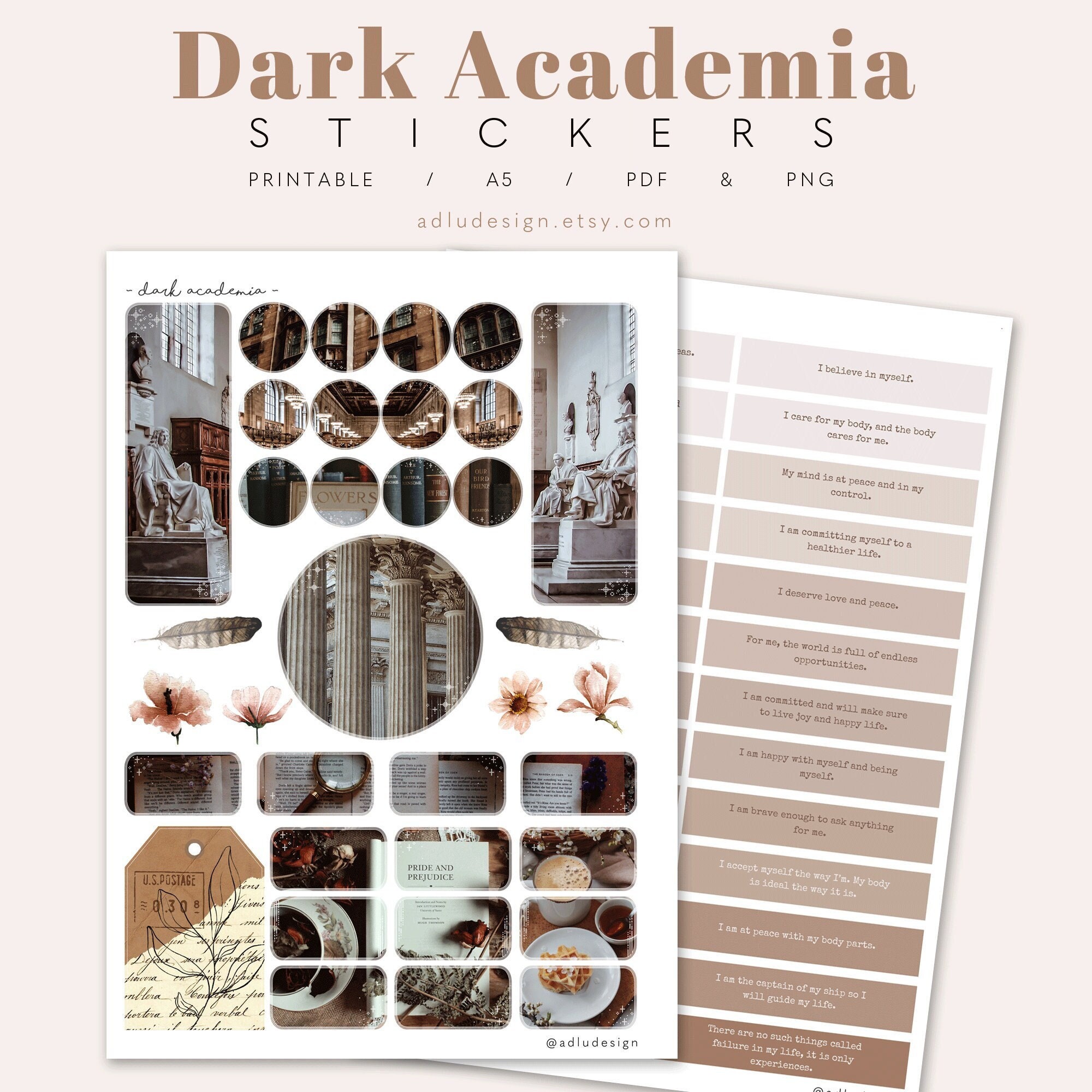 Dark Academia Stickers for Journals and Planners, Aesthetic Notion,  Printable and Digital Notebook Compatible, PDF & PNG 