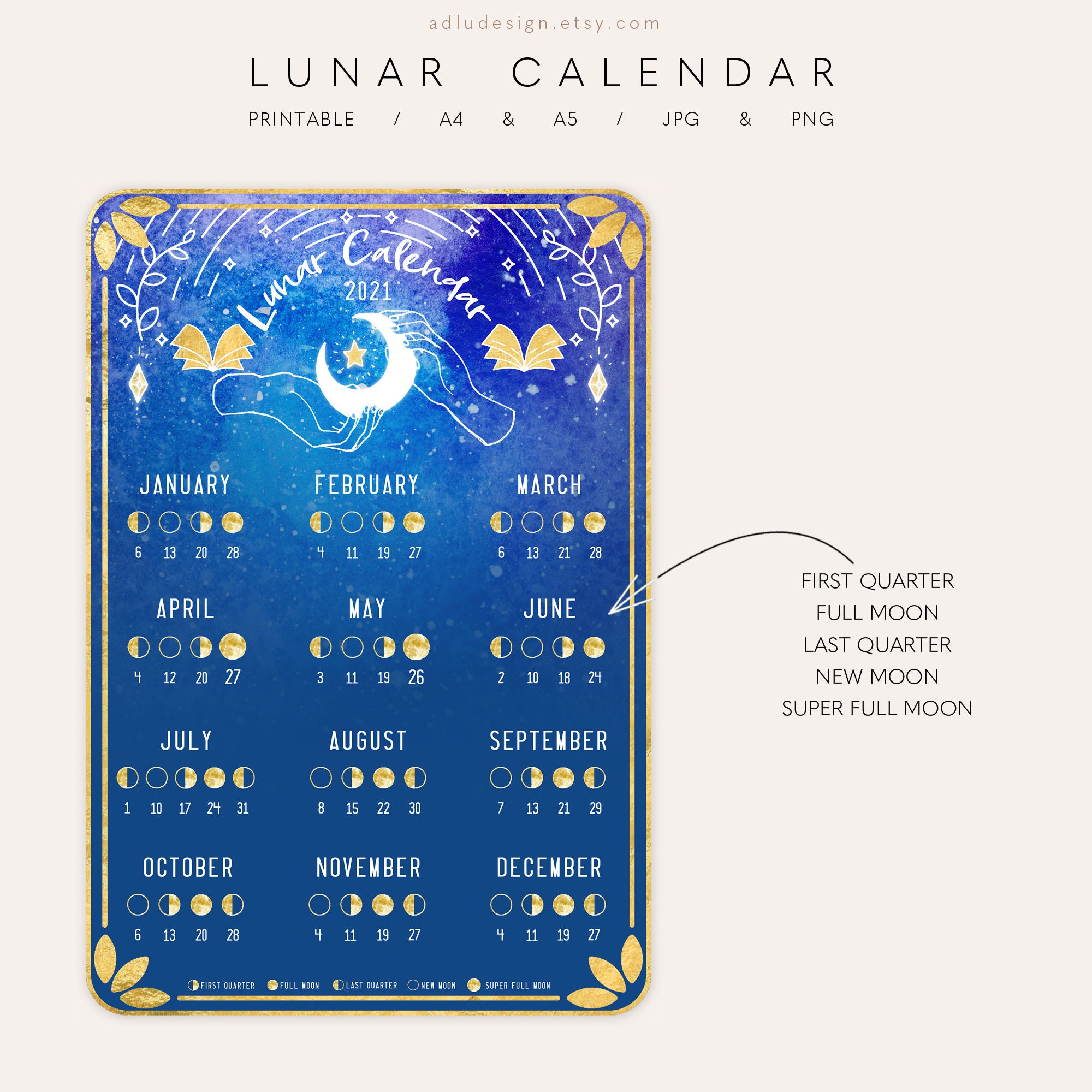 Calendario Lunar 2021 Imprimible Fases y Ciclos de la Luna Etsy.