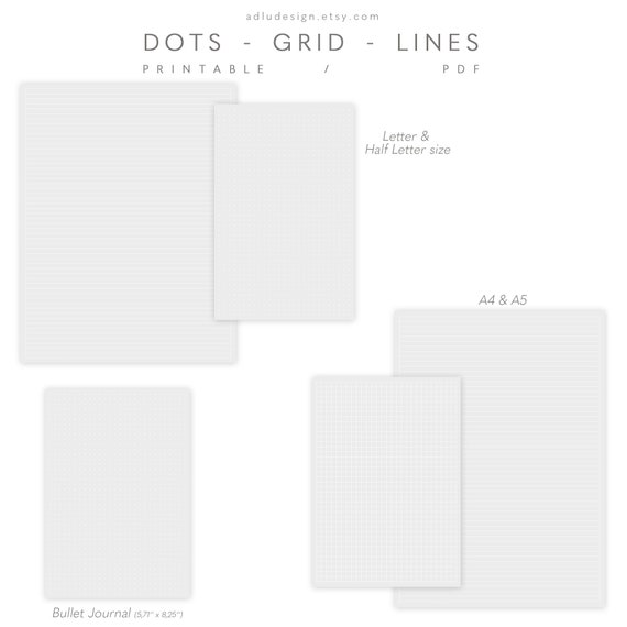 Writing Paper Set Printable, Gray Paper on White Dots Grid & Lines Paper,  Study Notes, Notes Taking, Digital Notebook,pdf 