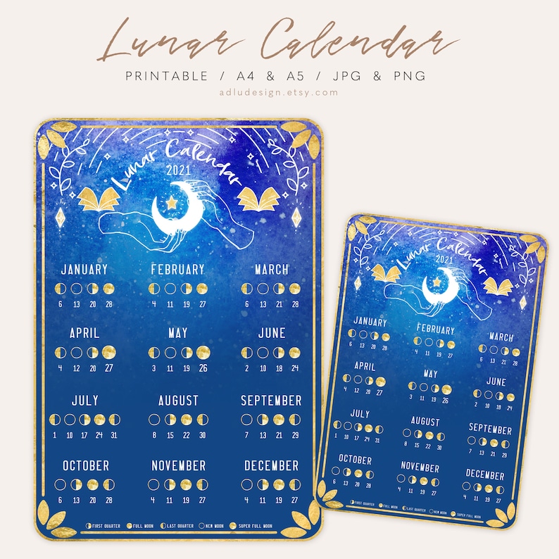 Lunar Calendar 2021 Printable Moon Phases and Cycles | Etsy