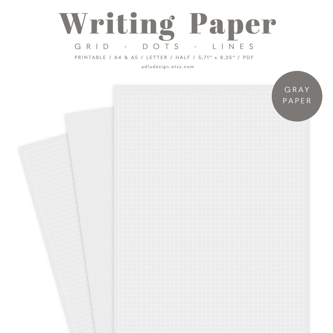 Writing Paper Set Printable, Gray Paper on White Dots Grid & Lines