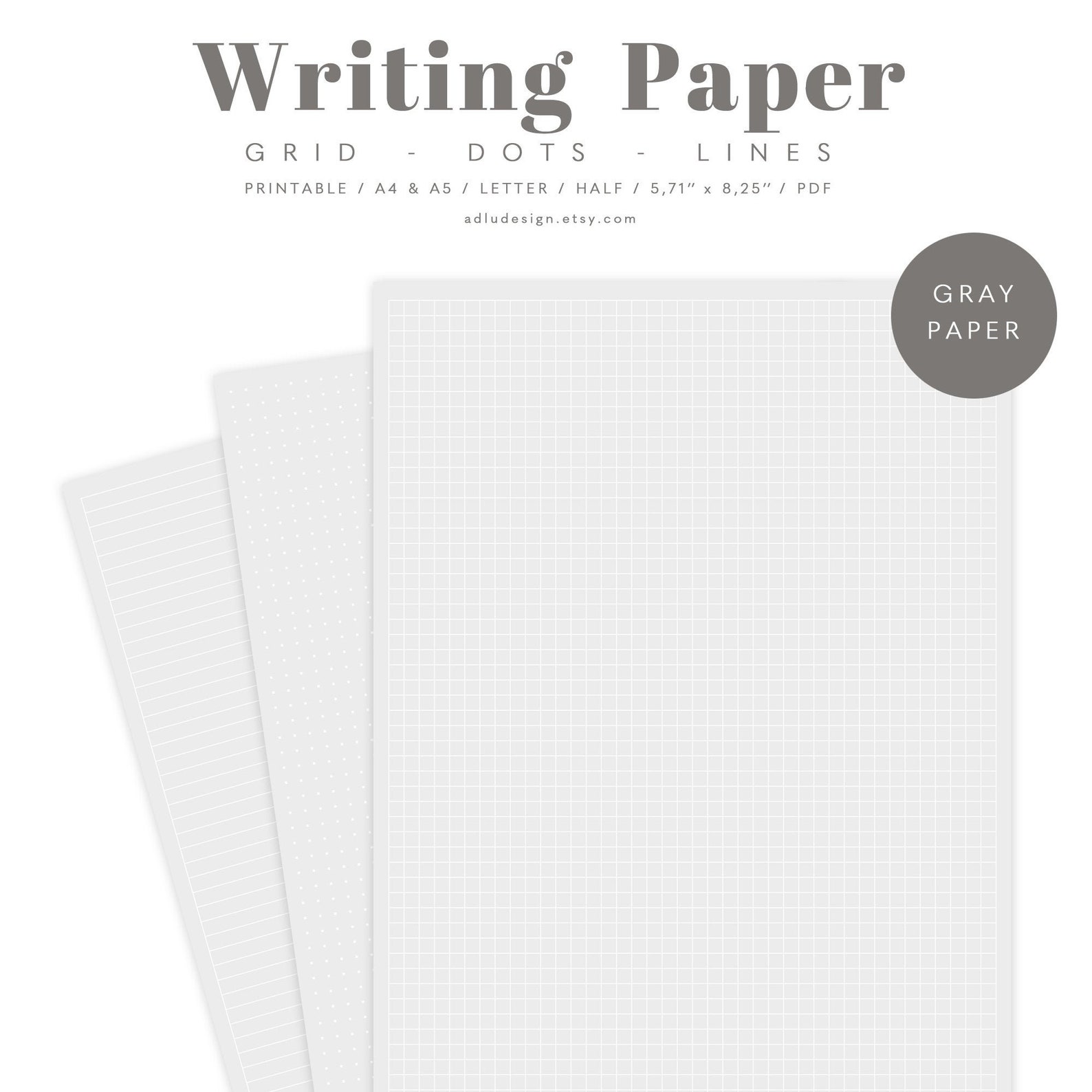 Writing Paper Set Printable, Gray Paper on White Dots Grid & Lines