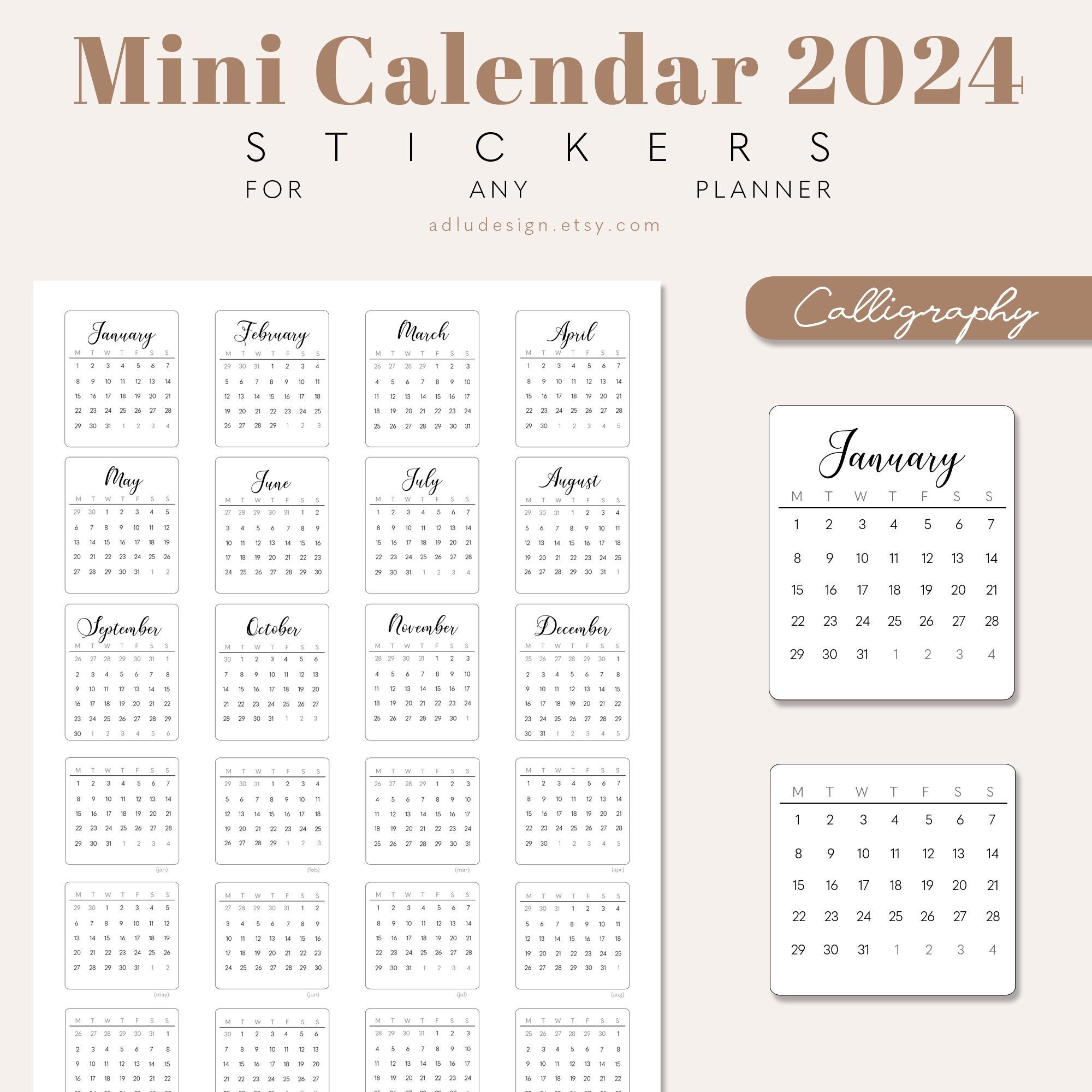 2024 Monthly Calendar Stickers Printable for Journals and Planners
