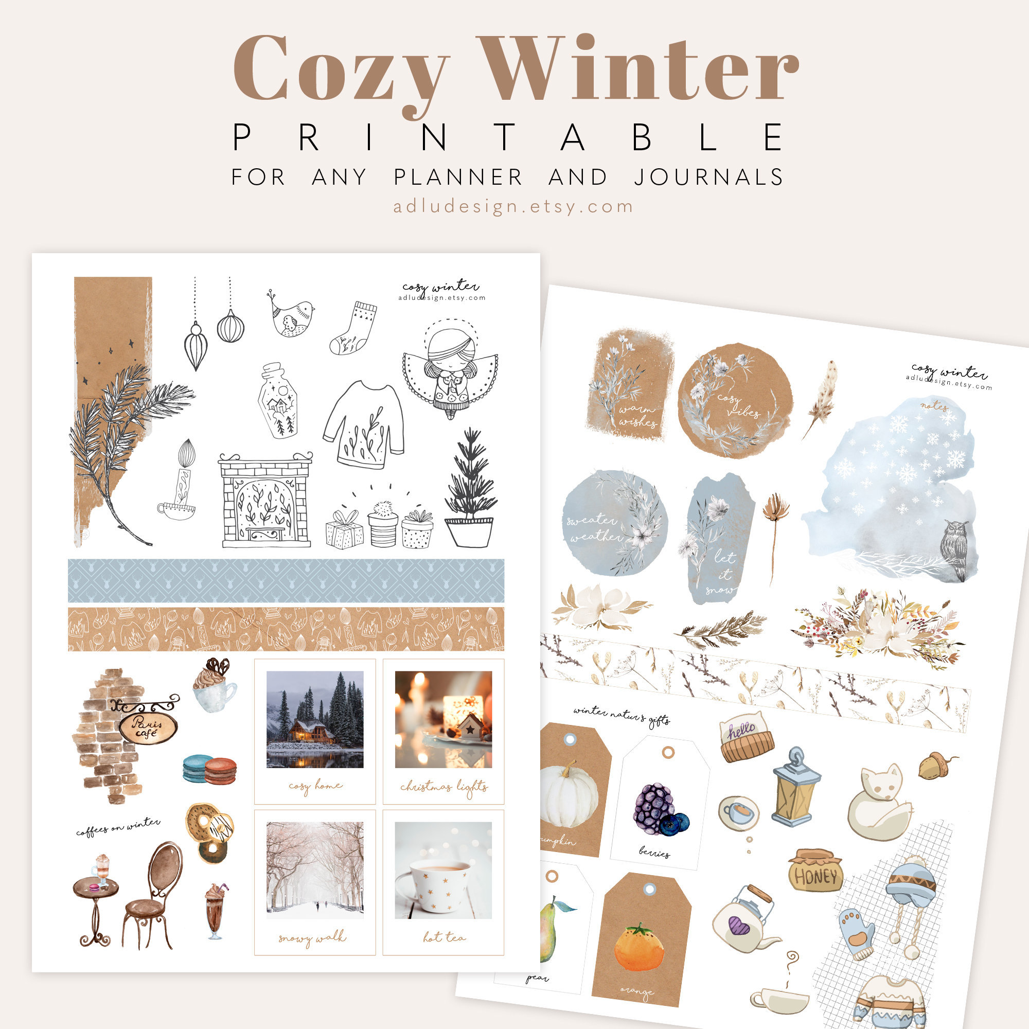 A4 Cozy Winter Stickers for Journals and Planners, Hygge, Christmas  Decorative, Printable and Digital Notebook Compatible, PDF & PNG 