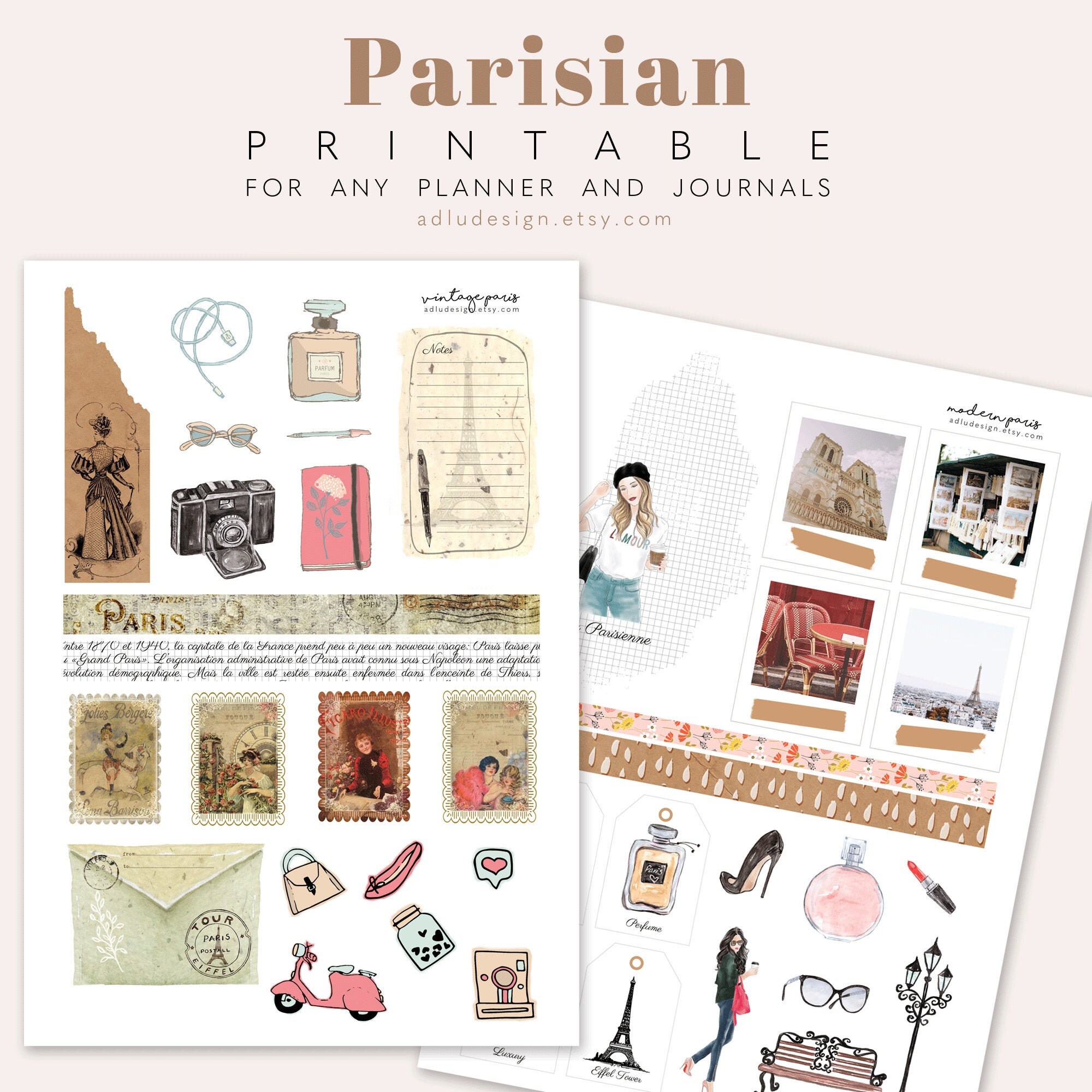 a4 parisian stickers printable for bullet journal paris theme etsy