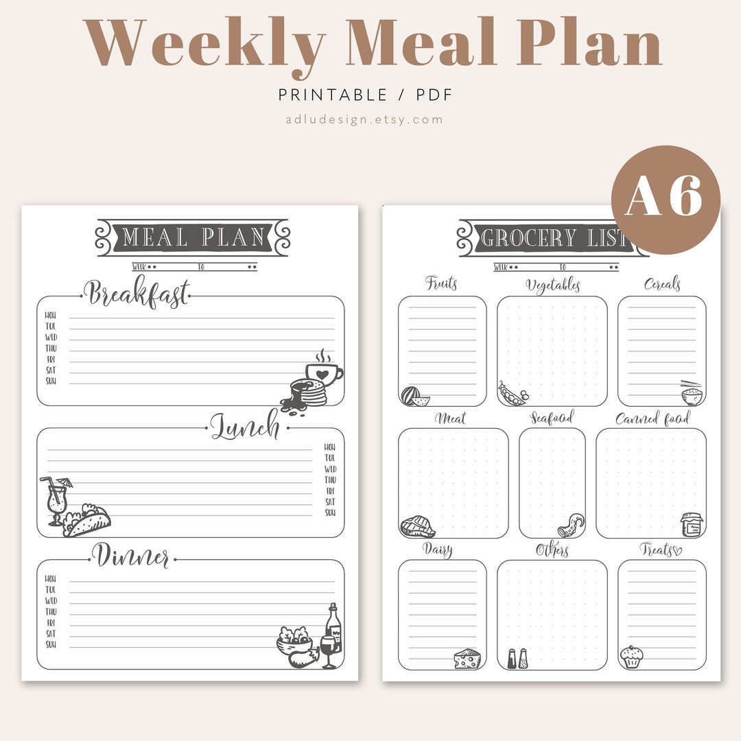 A6 Meal Plan & Grocery List Printable Weekly Menu Planning - Etsy Australia