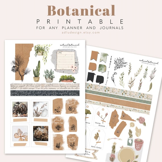 A4 Botanical Stickers for Journals and Planners, Herbal Leaves and Flowers,  Printable and Digital Notebook Compatible, PDF & PNG 