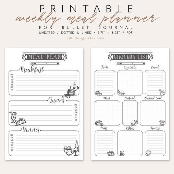 weekly meal plan printable grocery list bujo meal plan weekly meal planning meal plan shopping list printable bullet journal insert meal list