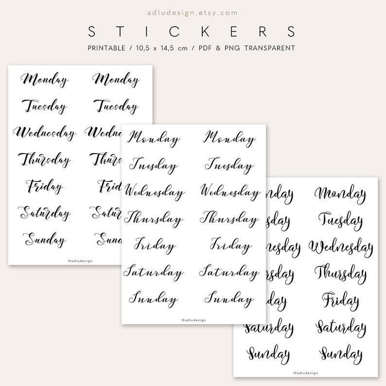 Days of the Week Calligraphy Stickers Printable Cursive | Etsy
