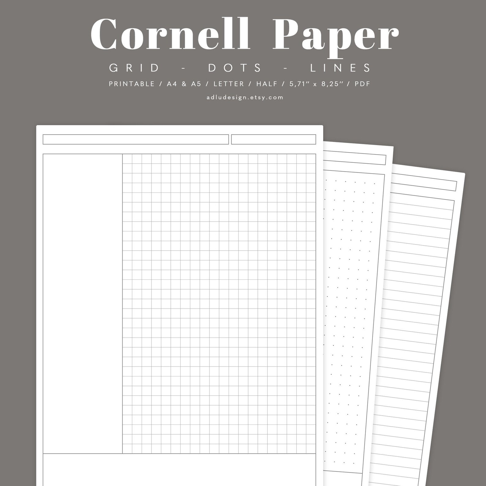 Cornell Paper Set Printable, White Paper With Gray Dots Lines & Grid ...
