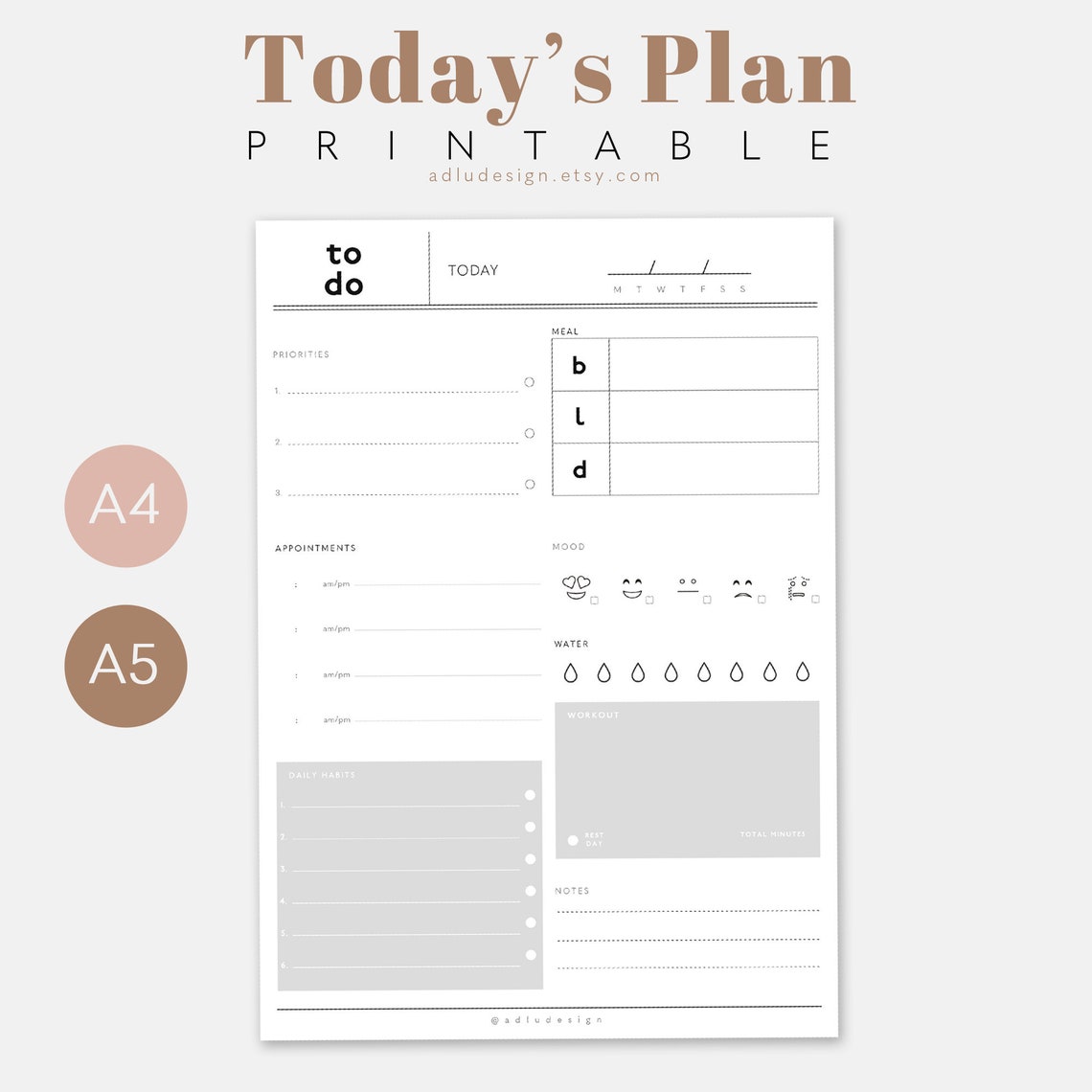 A4 &amp; A5 Daily Plan Printable Minimalist To-do List With Water | Etsy