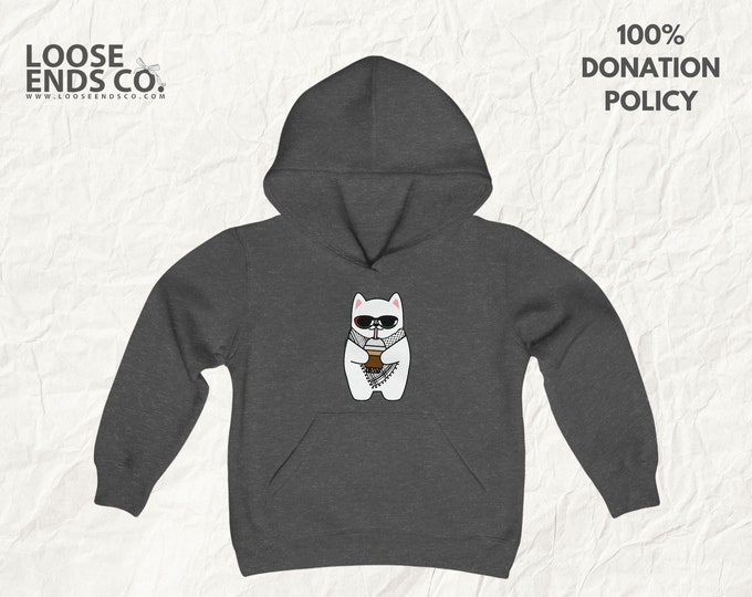 Featured listing image: YOUTH: Boba Sippin Keffiyeh Cat - Youth Heavy Blend Hooded Sweatshirt