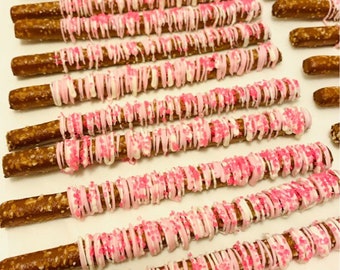 1 Dozen Pink Pretzel Rods, White/Light Pink/Pink Sugar Pretzel Rods, Baby Girl Baby Shower, Dessert Table, Custom Pretzel Rods Available