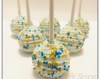 1 Dozen - White Blue Gold Cake Pops, Baby Shower Cake Pops, Blue/Gold Cake Pops, Sugar Cake Pops, Custom Cake Pops, Dessert Table