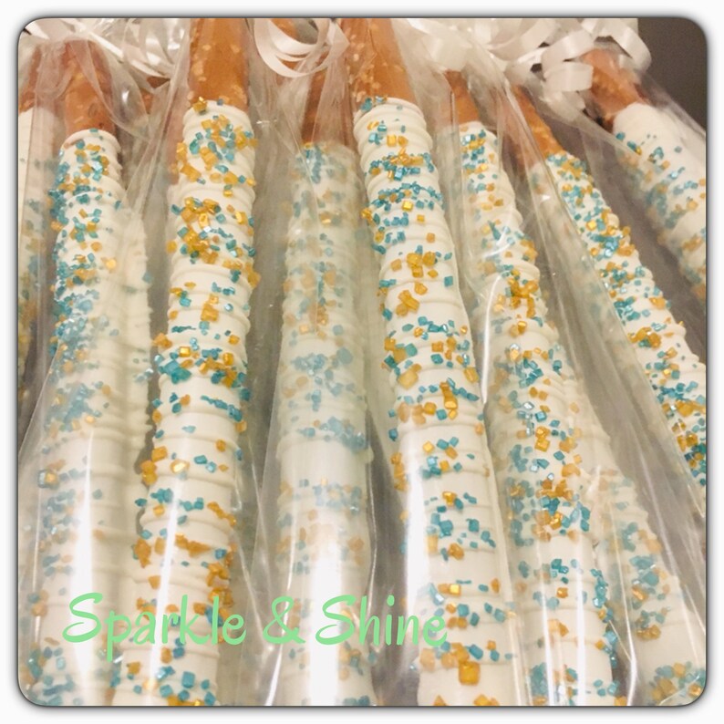 Dipped Pretzels 1 dozen Custom Pretzels Mermaid Pretzels Baby Shower Pretzels Gold Green Pretzels