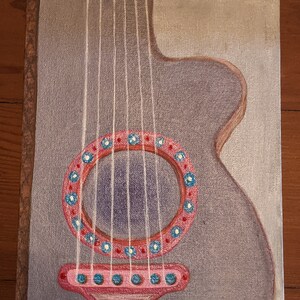 ORIGINAL Acrylic Painting 10&quot; x 12&quot; GUITAR on Canvas SIGNED tlp Gray Red Pink