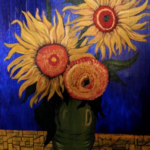 Originalkonstmålning Akryl på duk 20 X 16 Indigoblå solrosor 'Invoking Van Gogh' signerad tlp 2017