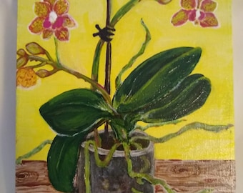 ORIGINAL ART PAINTING 8 x 10 Acrylic Painting on Canvas Signed tlp Pink Phaleanopsis Orchid on Yellow ground