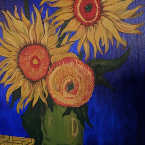Original Art. Invoking Van Gogh. Acrylic Painting. 16 x 20 Sunflowers on Blue