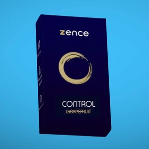 May include: A blue box with a gold circle and the text "zence" and "CONTROL GRAPEFRUIT" on it.