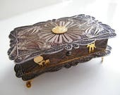 Vintage Sterling Silver Filigree Jewelry Trinket Box, Hinged Lid from Peru, Large Size, Gold Plate Figures, Personalized
