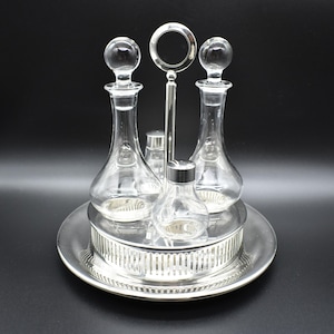 Silver Plated and Glass Oil Vinegar Cruet Set Vintage PM Italy Cruet Set Large Size