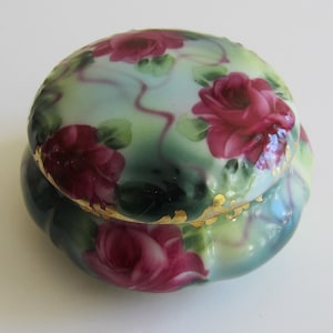 Porcelain Powder Box with Hand Painted Roses Vintage Molded Porcelain Vanity or Jewelry Box