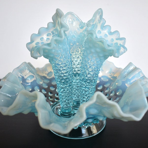 Fenton Hobnail 3 Horns Epergne Opalescent Blue Glass Vintage Hobnail Glass Centerpiece