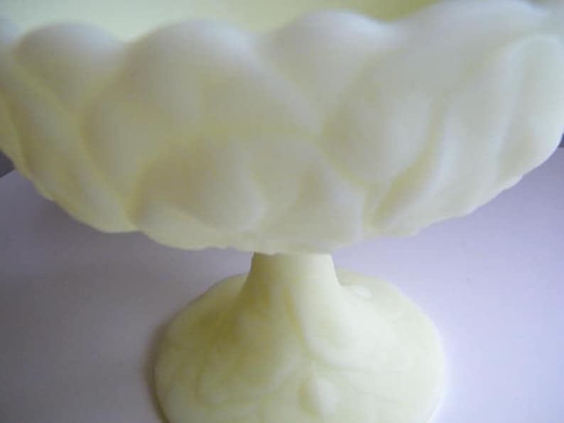 Vintage Custard Glass Glows Under Black Light Fenton Vaseline Art Glass Lily Pad Footed Compote Signed Fenton Candy Dish