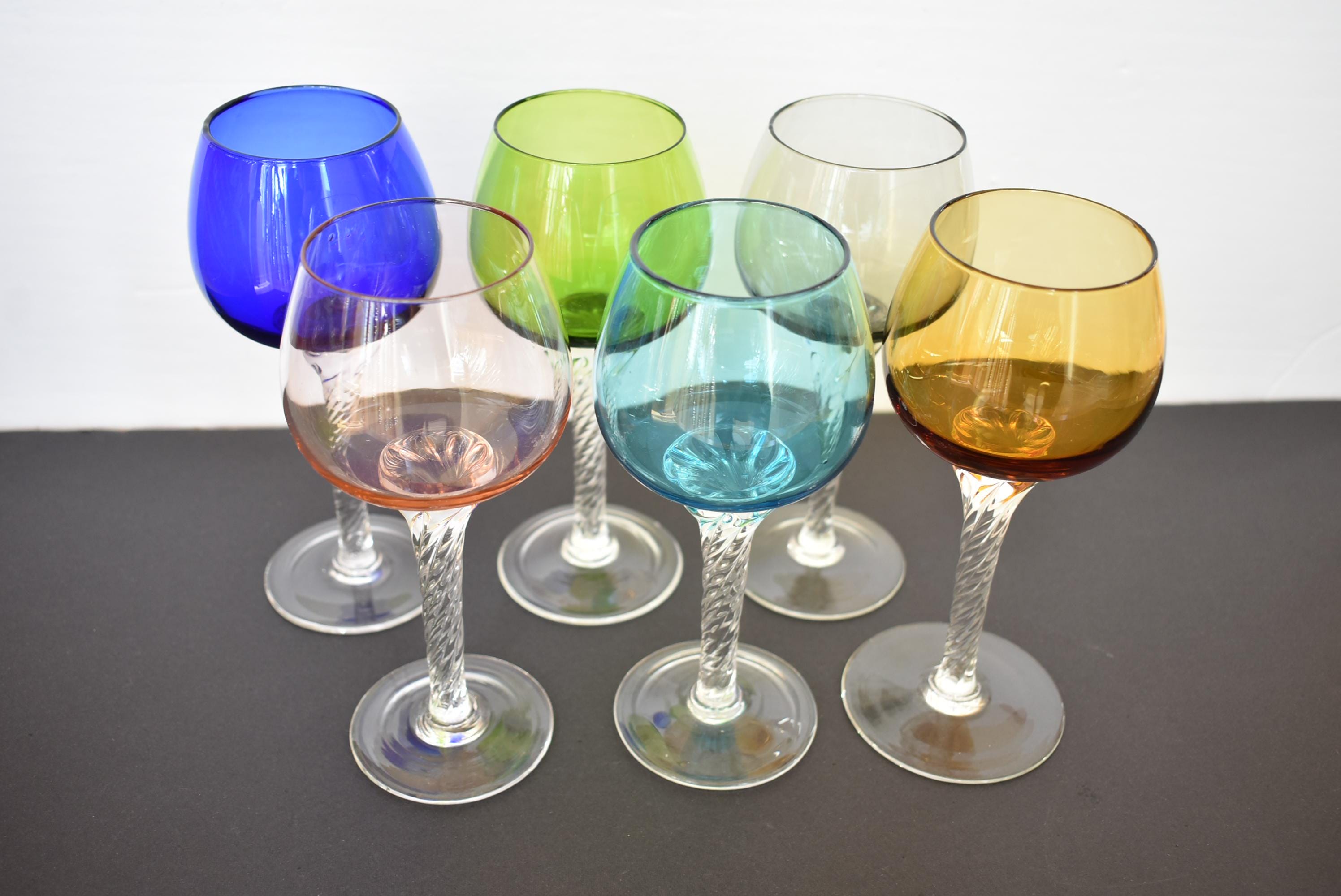 Bohemia Colored Crystal Hock Wine Glasses Set of 6, Vintage Crystal Balloon Style Glasses Jewel Tones