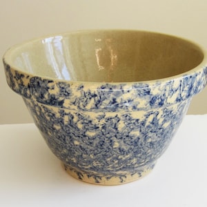 Robinson Ransbottom Roseville 6 Inch Mixing Bowl Vintage Blue Spongeware Stoneware Mixing Bowl Made in USA