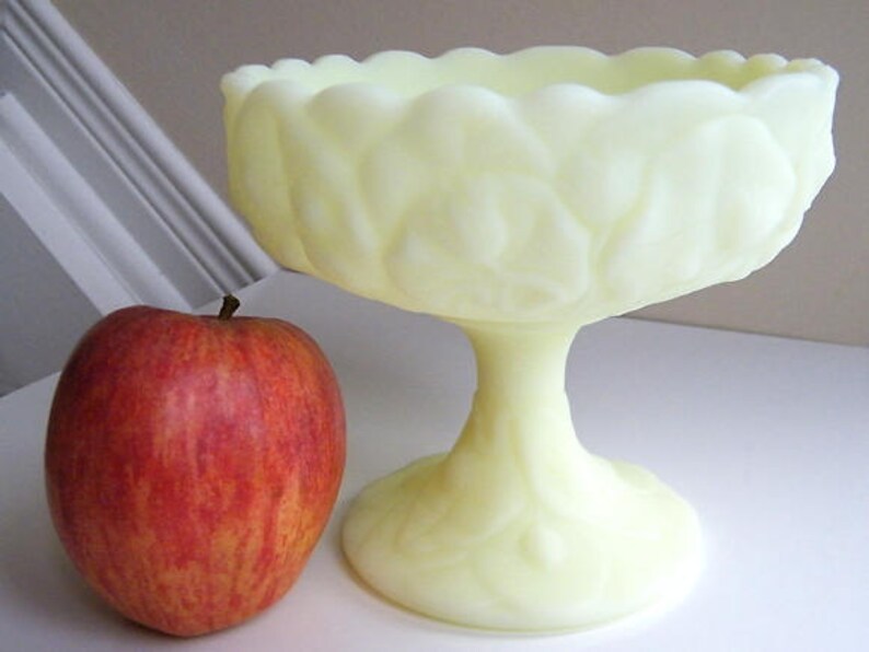 Vintage Custard Glass Glows Under Black Light Fenton Vaseline Art Glass Lily Pad Footed Compote Signed Fenton Candy Dish