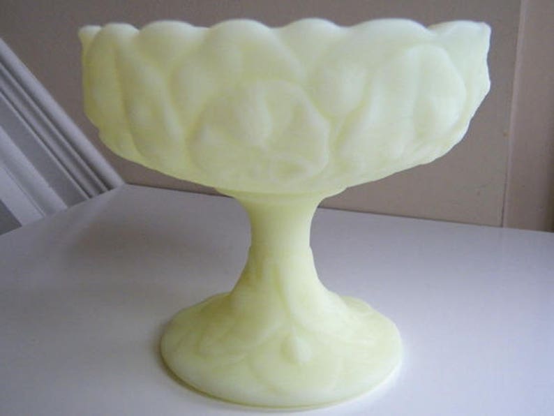 Vintage Custard Glass Glows Under Black Light Fenton Vaseline Art Glass Lily Pad Footed Compote Signed Fenton Candy Dish