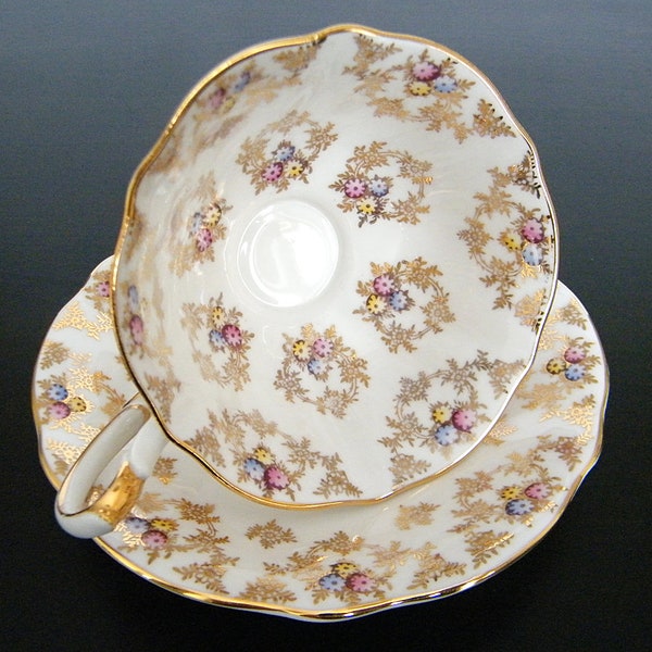 Queen Anne Teacup And Saucer, Vintage Queen Anne Footed Gold Trim Tea Cup and Saucer
