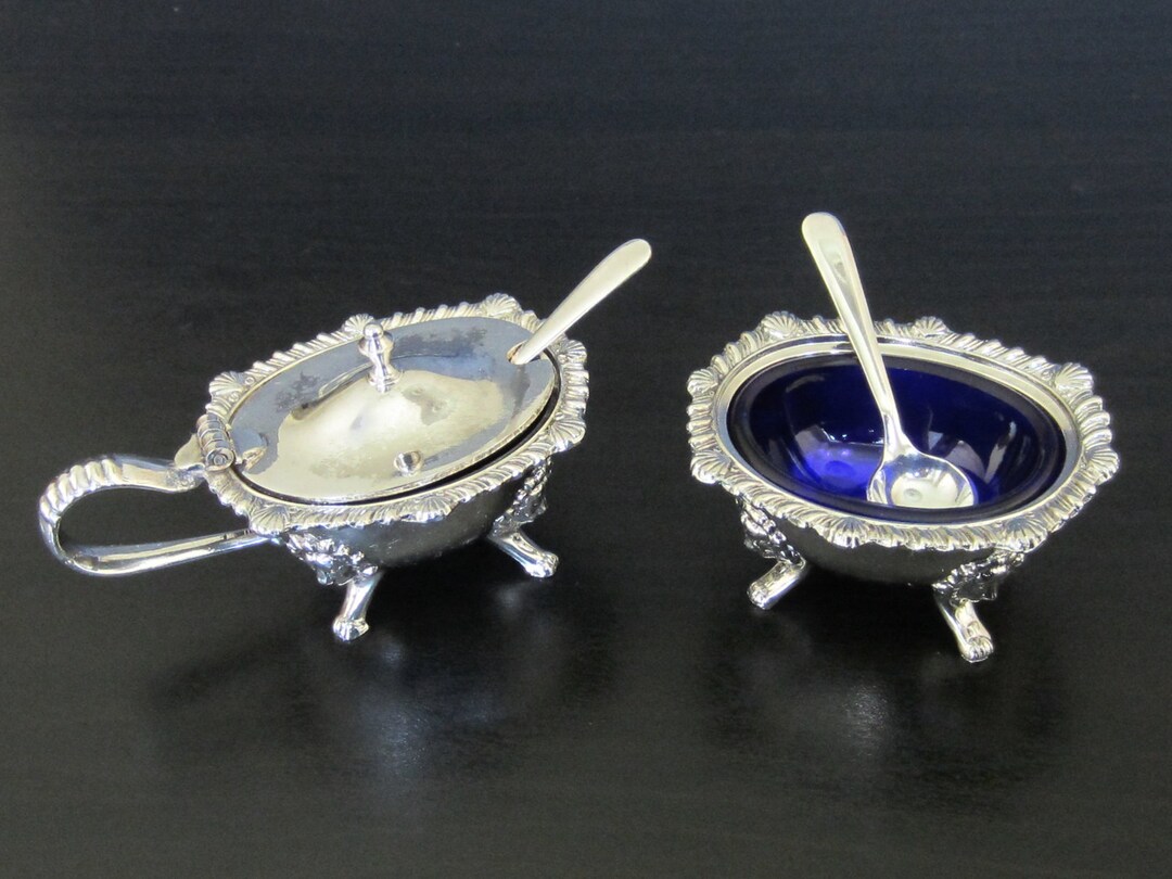 Silver Plated Condiment Set With Cobalt Blue Glass Insert, Vintage