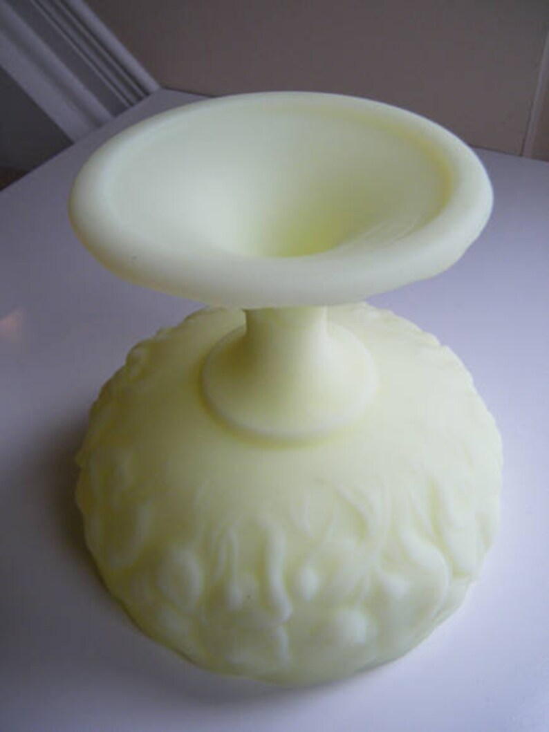 Vintage Custard Glass Glows Under Black Light Fenton Vaseline Art Glass Lily Pad Footed Compote Signed Fenton Candy Dish