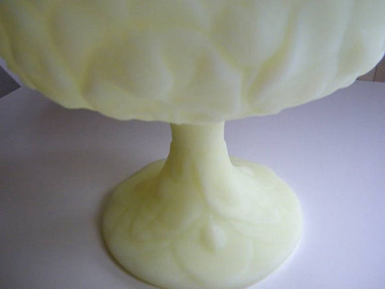 Vintage Custard Glass Glows Under Black Light Fenton Vaseline Art Glass Lily Pad Footed Compote Signed Fenton Candy Dish