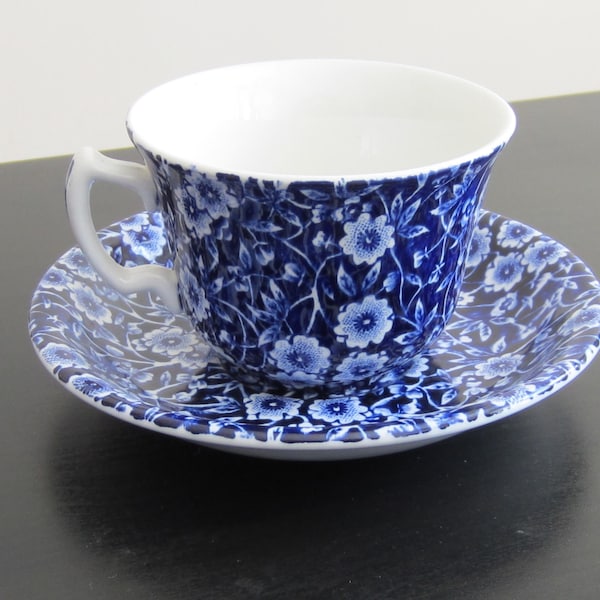 Calico Burleigh Blue and White Ironstone Teacup Creamer Bowl Vintage Calico Burleigh Serving Pieces
