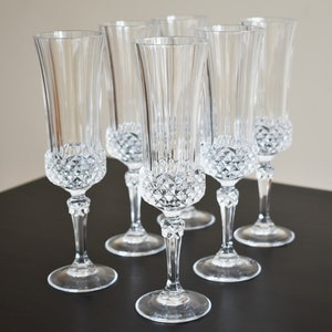 Cristal d'Arques Champagner Flöten Set mit 6 Valencay Muster Vintage Schliff Kristallgläser Made in France, ähnlich wie Longchamp