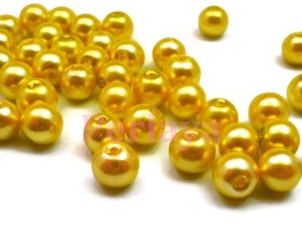 50 perles 8mm nacrées en verre jaune REF2535