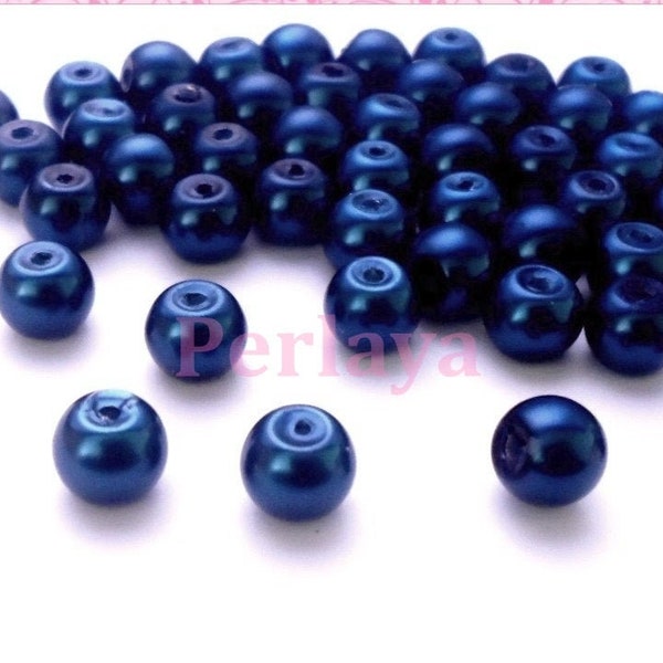 50 perles 8mm nacrées en verre bleu REF785