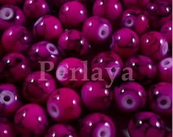 100 perles en verre violet fushia - noire 8mm effet tacheté REF736