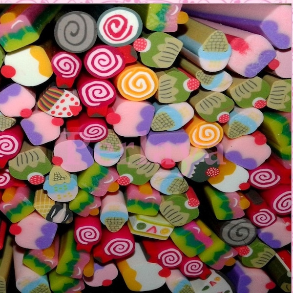 50 canes fimo gourmandise, friandises, cupcake, gateau, glace....  en pate polymere REF1233