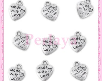 30 silver charms hearts "made with love" 10mm REF093X6