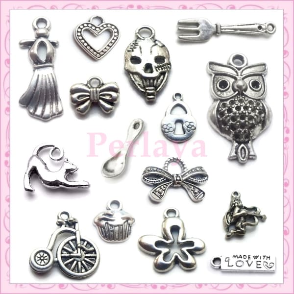 Mix de 30 breloques argentées fleur, chat, noeuds, coeur, cadenas, hiboux,.. REF456