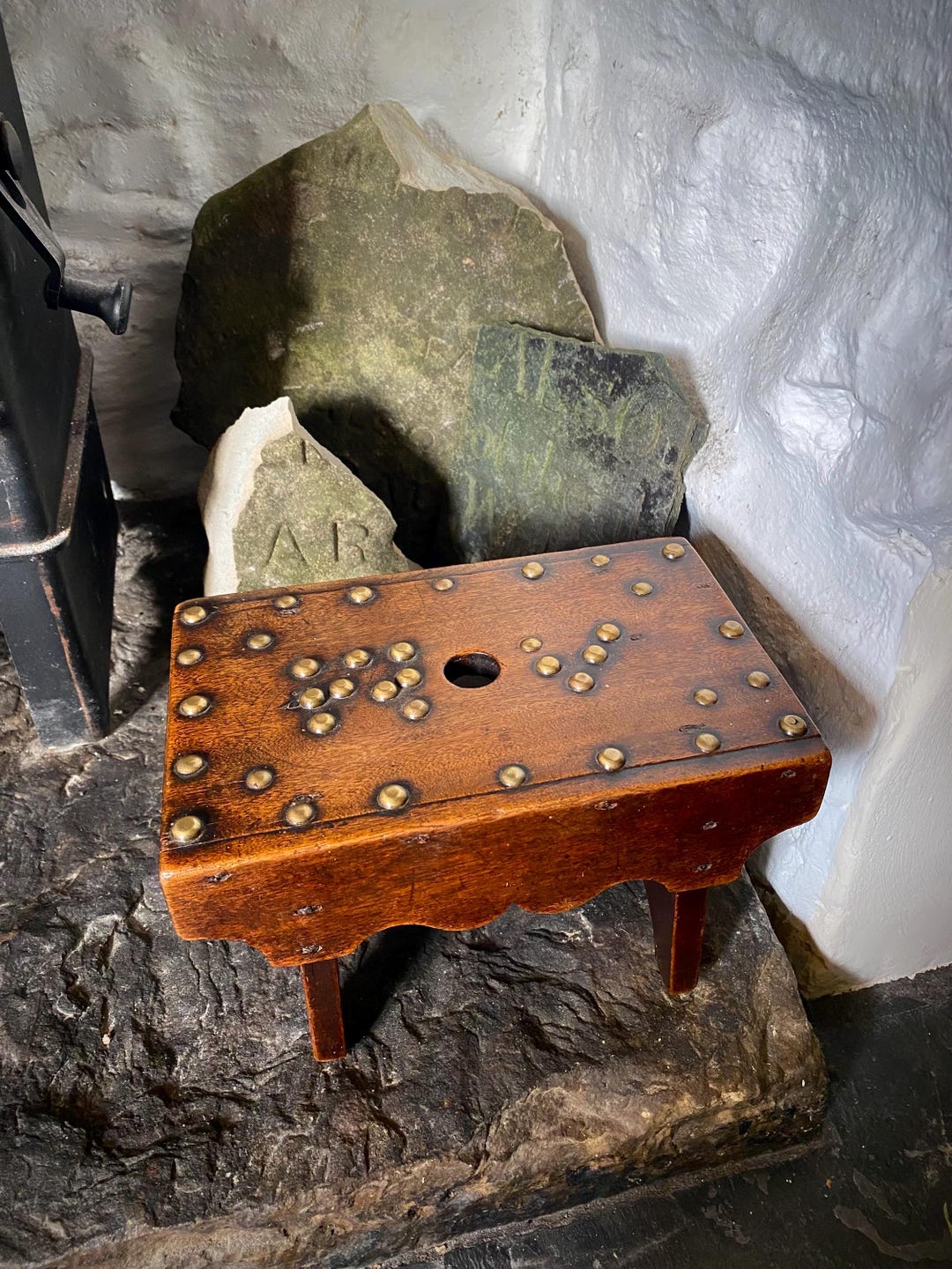 Unusual Antique 19th Century Solid Mahogany Stool With Brass Studs With ...